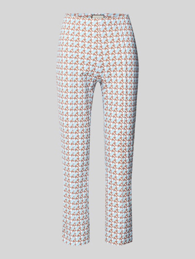 Produktfoto, Caprihose mit Stretch-Anteil in verkürzter Passform von SEDUCTIVE, Elastischer-Material-Mix, eng anliegende Passform, Bundfalten, Muster in Braun und Weiß, verkürzte Passform, Bundweite 37 cm, Innenbeinlänge 61 cm