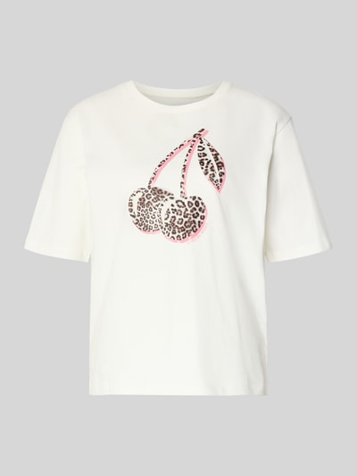 Produktfoto, T-shirt mit Motiv-Print von Marc Cain, damski t-shirt z czystej bawełny, krój regular fit, prążkowany okrągły dekolt, nadruk z motywem, długość tyłu w rozmiarze 36: 56 cm