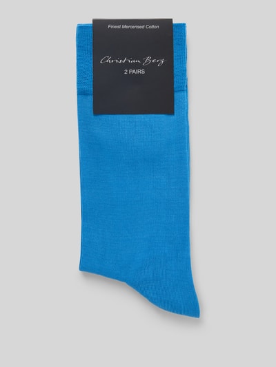 Produktfoto, Socken mit Label-Print im 2er-Pack von Christian Berg Men aus Baumwoll-Mix, körpernaher Schnitt, gerippter Abschluss, leuchtend blaue Farbe, glatte Textur.