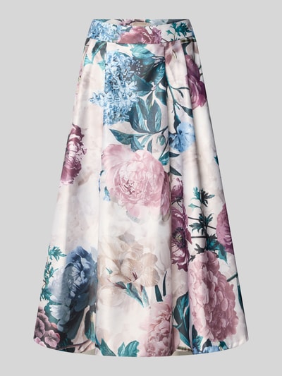 Produktfoto, Midirock mit floralem Allover-Print von Rinascimento aus glänzendem Stoff in Creme mit Blumenmuster, A-Linie, Bundfalten, Nahtreißverschluss, Szerokość w rozmiarze S: 35 cm, długość całkowita: 83 cm