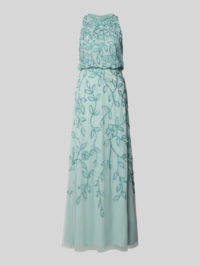 Produktfoto, Abendkleid mit Rundhalsausschnitt von Adrianna Papell, taillierter Schnitt, blickdichtes Unterkleid, Nahtreißverschluss, Rückenlänge 149 cm, Brustweite 40 cm, Größe 36, zartes Hellblau mit floralen Stickereien, feine leicht transparente Textur.