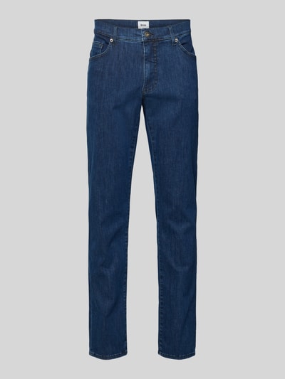 Produktfoto, Straight Fit Jeans mit 5-Pocket-Design Modell 'Chuck' von Brax in dunklem Blau, Baumwoll-Mix mit Stretch-Anteil, Gerader-Schnitt, Knopf- und Reißverschluss, Bundweite 42 cm, Innenbeinlänge 80 cm, glatte Textur