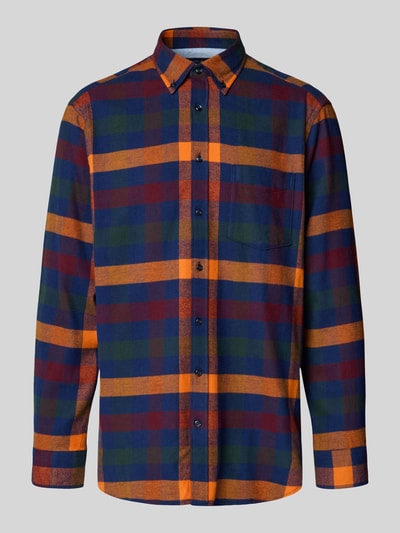 Produktfoto, Regular Fit vrijetijdsoverhemd uit puur katoen met borstzak van [Merk], ruitpatroon in blauw, oranje en rood, Button-downkraag, ruglengte bij maat M 79 cm, schouderbreedte bij maat M 40 cm, mouwlengte bij maat M 65 cm.
