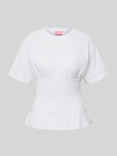 Produktfoto, damski t-shirt z bawełny, taliowany krój, model 'EVELYN' od JJXX, marszczony detal, okrągły dekolt, długość tyłu w rozmiarze S: 53 cm, biały kolor, gładka faktura