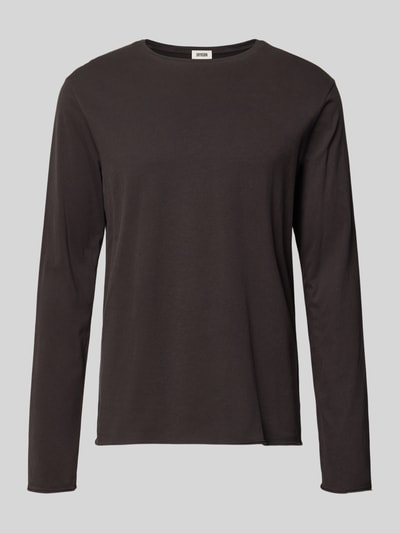 Produktfoto, Regular Fit Longsleeve aus reiner Baumwolle Modell 'Kendrick' von Drykorn in Dunkelbraun, glatte Struktur, Rundhalsausschnitt, neutraler Hintergrund