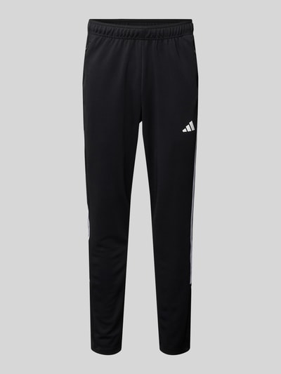Produktfoto, Sweatpants mit Label-Print von adidas Training in Schwarz, Lockerer-Schnitt, Elastischer-Bund, Reißverschlusstaschen, Innenbeinlänge 76 cm bei Größe M