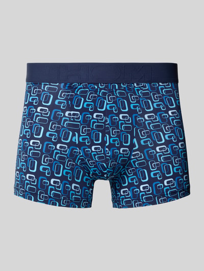 Produktfoto, Slim Fit Trunks mit Logo-Detail Modell 'Elvis' von HOM, elastischer Material-Mix, blaues Muster mit geometrischen Formen