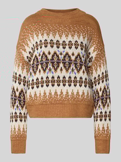 Oui Sweter z norweskim wzorem i okrągłym dekoltem Camel 2
