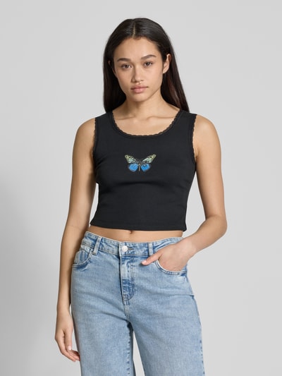 Hugo Blue Tanktop met kant, model 'Delarina' Zwart - 4