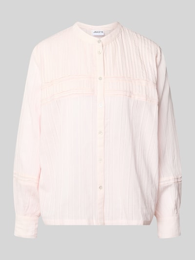 Produktfoto, Bluse mit Mao-Kragen und Pointelle-Muster von Jake*s Casual, biała bawełna, krój loose fit, drobne paski, sportowe mankiety, długość tyłu 62 cm, długość rękawa 60 cm