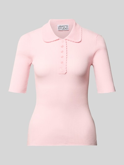 Produktfoto, Strickshirt mit 1/2-Arm und Polokragen von JAKE*S STUDIO WOMAN w kolorze jasnoróżowym, drobne prążkowanie, mieszanka lyocellu, dopasowany krój, kołnierzyk polo, listwa guzikowa, rękaw o dł. 1/2