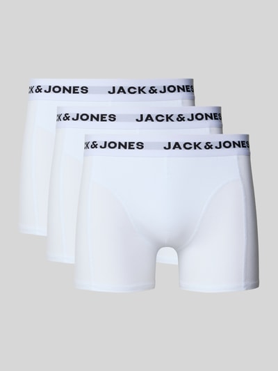 Produktfoto, Trunks mit elastischem Bund im 3er-Pack von JACK & JONES für Herren mit Label-Details, körpernahe Passform, weiße Farbe.