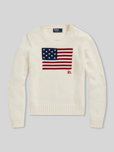 Produktfoto, Strickpullover mit Flaggen-Motiv und Rundhalsausschnitt von Polo Ralph Lauren aus reiner Baumwolle, cremefarben, gerippte Bündchen, Regular Fit.