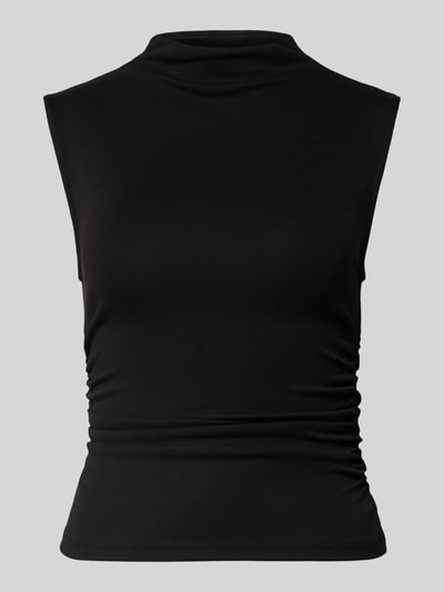 Produktfoto, schwarzes Top mit Stehkragen und Raffungen von Gina Tricot, Baumwoll-Mix mit Modal-Anteil, Slim Fit, glatte Textur