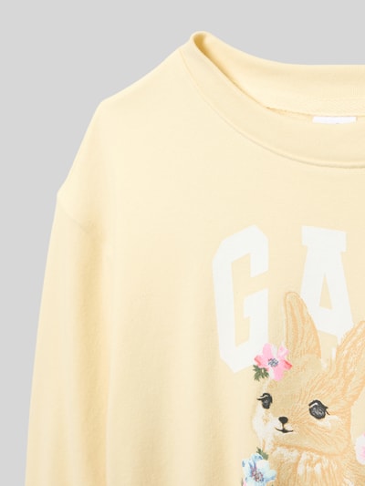 Produktfoto, Sweatshirt mit Motiv- und Logo-Print von GAP in zartem Gelb, Baumwoll-Mix, grobe Struktur, Motivdruck auf der Vorderseite