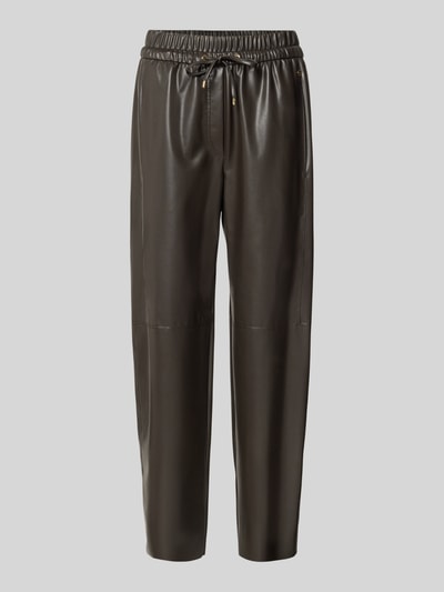 Produktfoto, Tapered Fit Hose in Leder-Optik von Marc Cain, dunkelbraun, elastischer Bund mit Tunnelzug, Eingrifftaschen, glatte Struktur, verkürzte Passform, Damen Hose, Bundweite 38 cm, Innenbeinlänge 68 cm