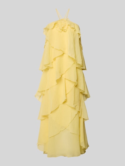 Produktfoto, Maxikleid mit 3D-Rüschendetails Modell 'DELILAH' von Vero Moda, Optik: Unifarben, Passform: Regular-Fit, Maxi-Länge, Applikation: 3D-Rüschendetails, Rüschen-Blüte, Verschluss: Nahtreißverschluss, Trägerform: Neckholder, zart gelbe Farbe, fließender Stoff, mehrlagige Rüschenstruktur.
