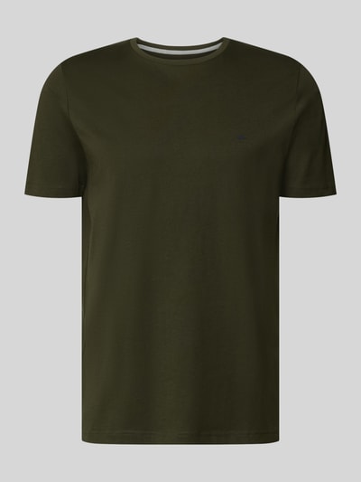 Produktfoto, T-Shirt mit Rundhalsausschnitt und Label-Stitching von Fynch-Hatton, Herren T-Shirt aus Reine Baumwolle, Regular-Fit, Rückenlänge 72 cm bei Größe M, einfarbiges dunkles Olivgrün, glatte Textur