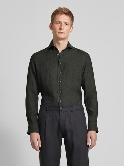 Profuomo Slim fit linnen overhemd met haaikraag Olijfgroen - 4