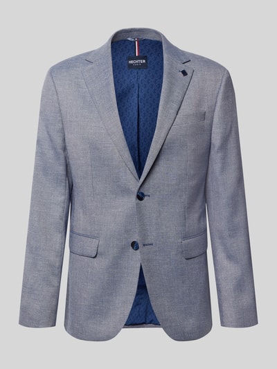 Produktfoto, Regular Fit Blazer mit Viskose-Anteil von HECHTER PARIS, elastyczna mieszanka materiałów z dodatkiem wiskozy, krój regular fit, aplikacja z logo, brustasza, kieszenie z wypustkami, listwa z 2 guzikami, kołnierz z połami, długość tyłu w rozmiarze 50: 72 cm, szerokość ramion w rozmiarze 50: 38 cm, długość rękawów w rozmiarze 50: 64 cm, odcienie jasnoniebieskiego, drobna faktura tkaniny
