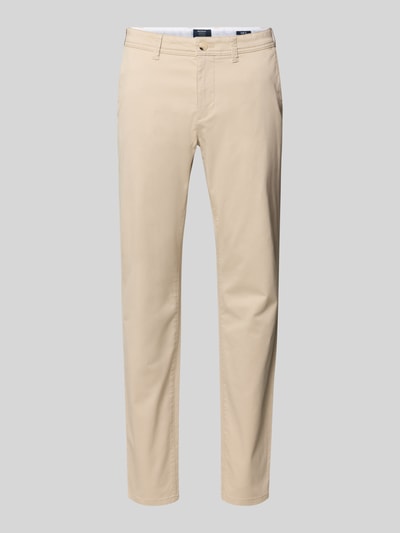 Produktfoto, Straight Fit Chino mit Gesäßtaschen von MCNEAL aus elastischem Baumwoll-Mix in Beige mit Eingrifftaschen, Knopf-Reißverschluss, Bundweite 46 cm, Innenbeinlänge 82 cm bei Größe 50.