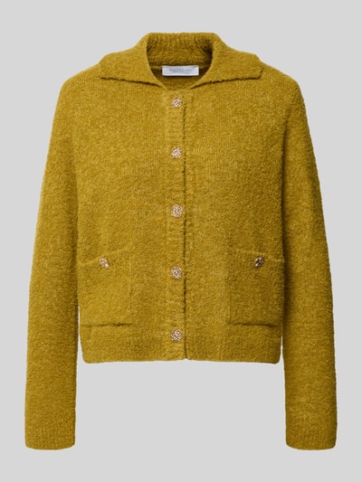 Produktfoto, Strickjacke in Bouclé-Optik von Rich & Royal in Senfgelb, Material-Mix mit Woll-Anteil, Umlegekragen und Knopfleiste, Regular Fit