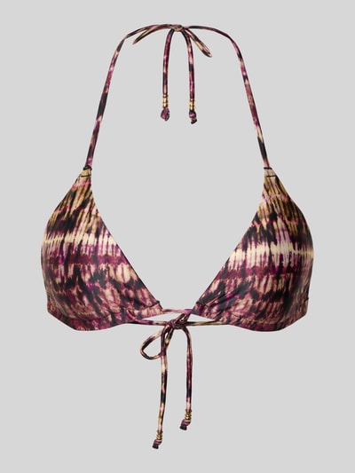 Produktfoto, Triangel Bikini mit wattierten Cups Modell 'AMNESIA' von DORINA, abstraktes Muster in Beere und Braun, Material-Mix mit Stretch-Anteil, feine Textur, Schnürung vorne