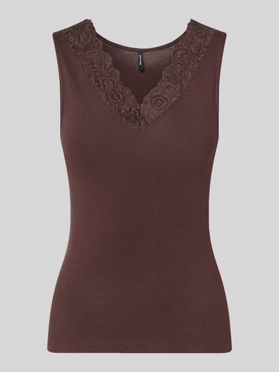 Produktfoto, braunes ärmelloses Regular Fit Top aus Viskose-Mix Modell 'ROSA' von VERO MODA, Spitzenbesatz am V-Ausschnitt, glatte Textur