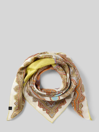 Produktfoto, Seidentuch mit Allover-Paisley-Print von Fraas aus reiner Seide, prostokątny kształt, wielokolorowy wzór paisley, detal z logo