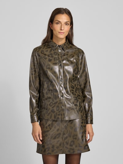 Marc Cain Jack in leerlook met platte kraag en steekzakken Kaki - 4