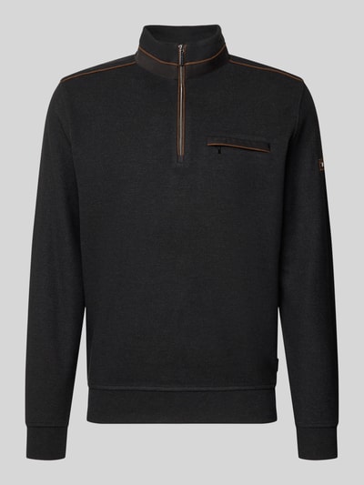 Produktfoto, Sweatshirt mit Stehkragen und Reißverschluss von bugatti im Baumwoll-Mix, Regular Fit, Brusttasche, dunkle Farbfläche, feine Textur