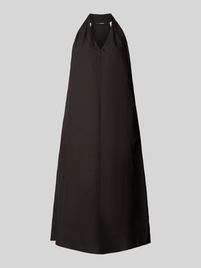 Produktfoto, dunkelbraunes Midikleid aus Viskose-Mix mit Leinen-Anteil von Someday, Loose-Fit mit Neckholder, Modell 'Qudia', V-Ausschnitt, seitlicher Nahtreißverschluss, Rückenlänge 116 cm, Brustweite 48 cm, glatte Textur, klare A-Linien-Form.