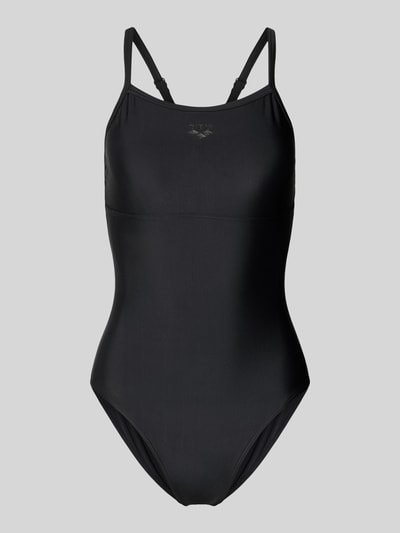 Produktfoto, Slim Fit Badeanzug mit Cut-Out auf der Rückseite von Arena in Schwarz, Elastischer-Material-Mix, Logo-Detail, verstellbare Spaghettiträger.