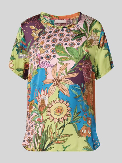 Produktfoto, Relaxed Fit T-Shirt aus reiner Viskose von Liu Jo White, Floraler-Print mit buntem Allover-Print, Rundhalsausschnitt, Damen T-Shirt