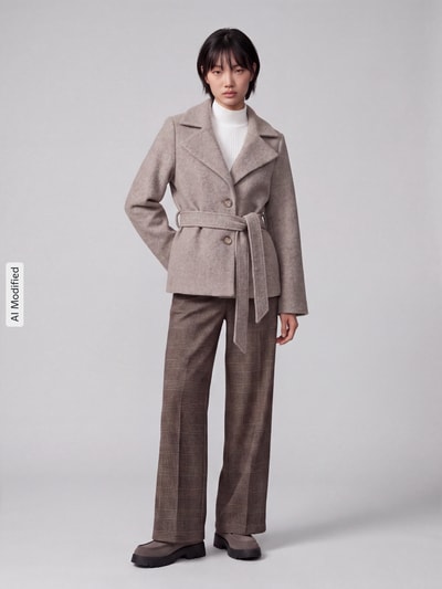 Frauenmodel trägt Regular Fit Webpelzmantel mit Bindegürtel Modell 'FORTUNEMAJA' von VERO MODA in Beige, dezente Struktur, Ganzkörperansicht von vorne, KI-modifiziertes Bild.