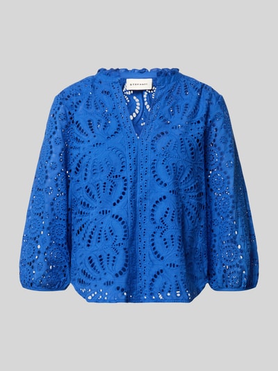 Produktfoto, blauwe dames blouse met ajourwerk, serafinokraag, puur katoen, straight fit, model 'SANGALLO' van Stefanel