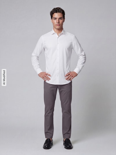 Männermodel trägt Slim Fit Businesshemd aus Twill von Jake*s in Weiß, Kentkragen, lange Ärmel, Ganzkörperansicht von vorne.