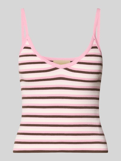 Produktfoto, Crop Top aus Viskose-Mix Modell 'ESTHER' von JIXX mit rosa und braunen Streifen, V-Ausschnitt, strukturierte Oberfläche, Damen Trägertop, Cropped