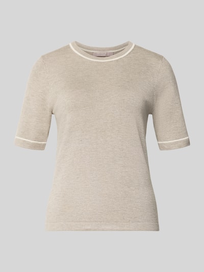 Productfoto, Pullover aus Viskose-Mix in Strick-Optik van Christian Berg Woman, beige met witte accenten, smal pasvorm, elastische boorden, viscosemix, tricotlook, half mouw, ruglengte maat S 53 cm, mouwlengte maat S 23 cm.