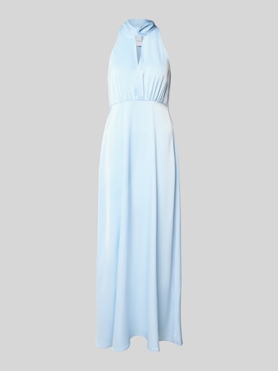 Produktfoto, Damen Maxikleid aus Satin mit Stehkragen Modell 'Thea' von YAS, hellblauer Farbton, Elastischer-Material-Mix, Tailliert, Ärmelloses-Design, Schlüsselloch-Ausschnitt, glatte Satin-Optik, Rückenlänge 132 cm, Brustweite 41 cm, schlichte Formen, leicht glänzende Textur.