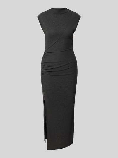 Produktfoto, figurbetontes, dunkelgraues Midikleid mit Rundhalsausschnitt, Raffungen und Seitenschlitz, Modell 'BASILA' von MANGO, Material-Mix mit Viskose-Anteil