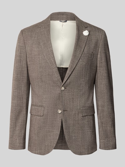 Produktfoto, Slim Fit 2-Knopf-Sakko mit Reverskragen von MCNEAL, Material-Mix mit Viskose-Anteil, Blumen-Detail, Brustleistentasche, Pattentaschen, braune Struktur, neutrale Farbtöne, feine Textur.