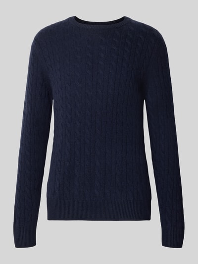 Produktfoto, Slim Fit Strickpullover aus reinem Kaschmir mit Zopfmuster von Christian Berg Men, dunkelblau, gerippte Abschlüsse, Rundhalsausschnitt, Herrenmode