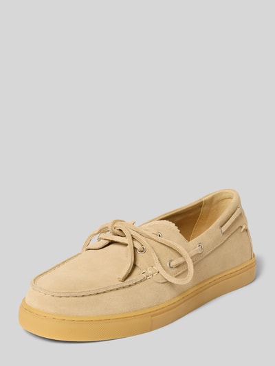 Produktfoto, Loafer aus reinem Rindnubuk Modell 'KARA 1B' von Marc O'Polo, jasny beż, zaokrąglony przód, płaska podeszwa, faktura nubuku, strukturyzowana podeszwa, sznurowanie, tłoczone logo