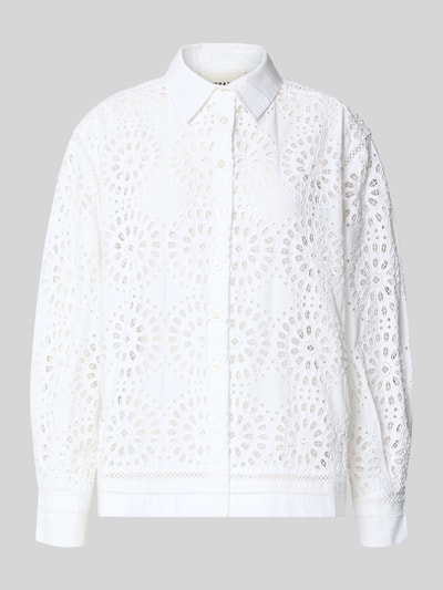 Produktfoto, Regular Fit Bluse mit Lochstickerei Modell 'SANGALLO' von Stefanel aus reiner Baumwolle, weiß, Hemdblusenkragen, feine Textur