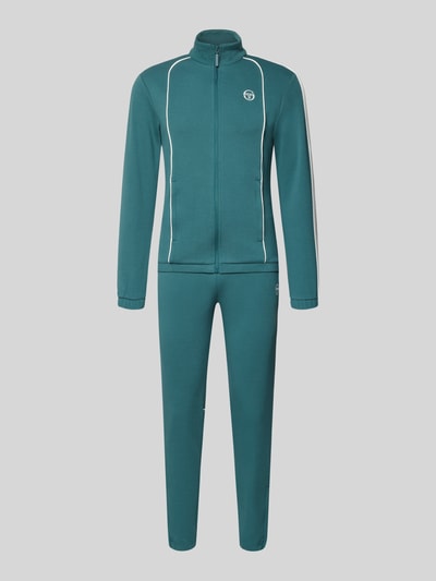 Produktfoto, Slim Fit Tracksuit mit Logo-Stitching Modell 'Egeo' von SERGIO TACCHINI aus elastischem Baumwoll-Mix, Türkis mit weißen Details, Reißverschluss, Stehkragen, elastische Abschlüsse, Herren, schlichter Look, glatte Textur, lange Ärmel und Hosenbeine, Bundweite 42 cm, Rückenlänge 64 cm, Schulterbreite 46 cm, Ärmellänge 67 cm, Innenbeinlänge 73 cm, Größe M.