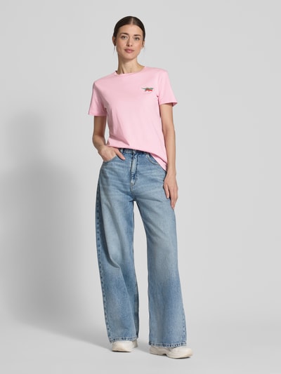 Jake*s Casual T-shirt met motiefstitching Fuchsia - 1