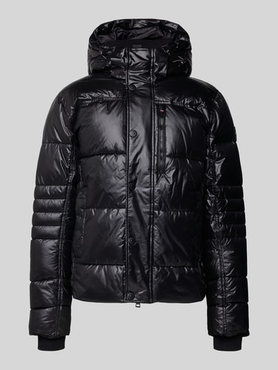 Produktfoto, Regular Fit Steppjacke mit Kapuze von Tom Tailor in Optik: Unifarben, langarm mit Stehkragen, verdeckter Reißverschluss, Druckknopfleiste, Label-Patch, seitliche Eingrifftaschen, Brustleistentasche, Innentasche, glänzende schwarze Oberfläche