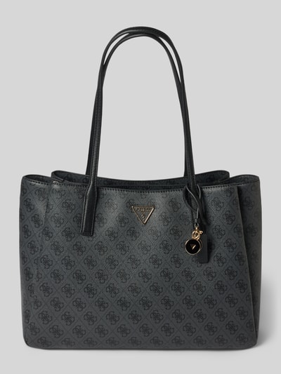 Produktfoto, Handtasche in Leder-Optik Modell 'NOELLE' von GUESS, schwarz-graues Logo-Design, goldene Details, strukturierte Oberfläche