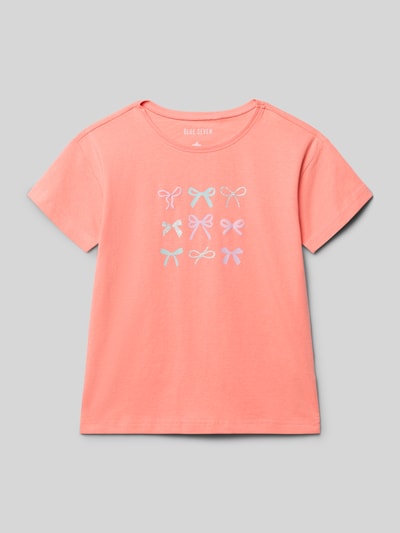 Produktfoto, T-Shirt mit Rundhalsausschnitt und Motiv-Print von Blue Seven, lachsfarben, Baumwoll-Mix, gerader Schnitt, Motiv mit Schleifen